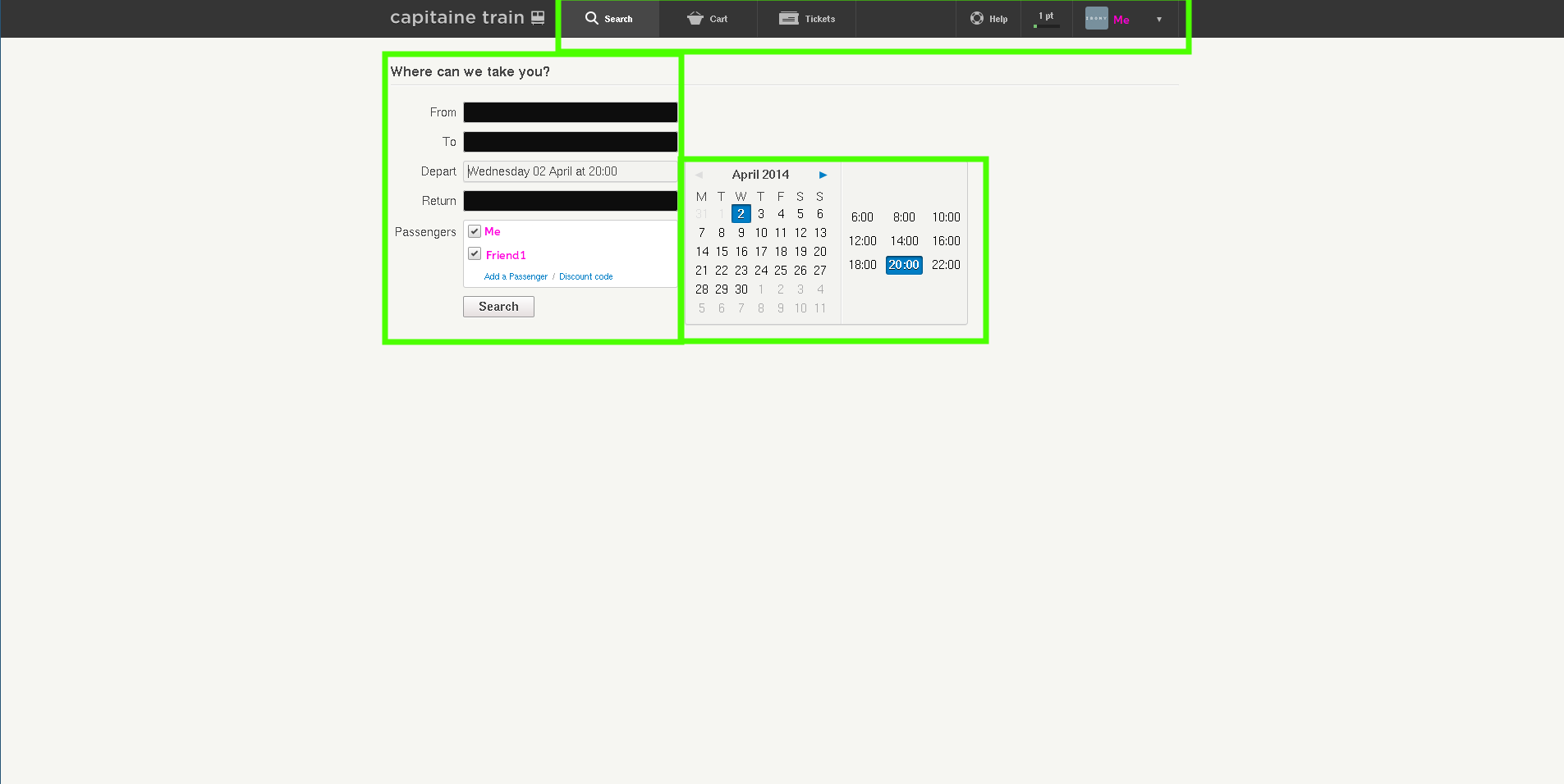 Capitaine Train website screenshot featuring only the menu and booking